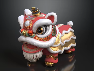 Traditional Red And Gold Lion Dance Doll With White Decorative Ornaments And Big Eyes 3d model
