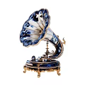 Vintage Gramophone With Blue And White Horn Golden Decorations And Carved Base