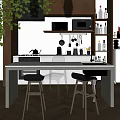Modern Kitchen Interior With Island Counter Cabinets Appliances Cookware Bottles And Plants