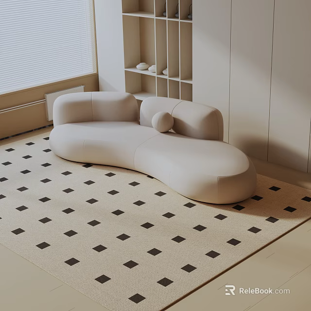 Modern Beige Curved Three Seater Sofa On Black And White Checkered Rug With White Walls 3d model 