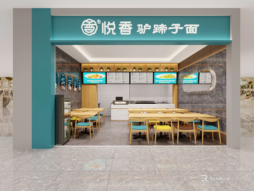Yue Xiang Donkey Hoof Noodle Restaurant Interior With Wooden Tables Blue Chairs And Order Screens 3d model 