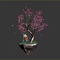 Pink Cherry Blossom Tree with Small Fox Underneath Falling Petals and Island Base