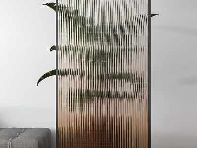 Modern Room Divider With Vertical Striped Glass Panel Green Plant And Grey Sofa 3d model
