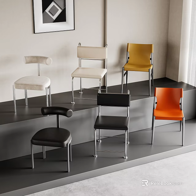 Modern Dining Chairs In White Yellow Black Orange With Leather Seats And Metal Legs 3d model 