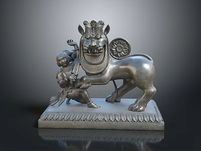 Traditional Bronze Sculpture Featuring Lion And Human Figures On Ornate Decorative Base 3d model