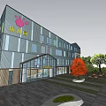 Modern Kindergarten Building with Glass Metal Facade Pink Cartoon Elements Outdoor Courtyard Red Tree Seating