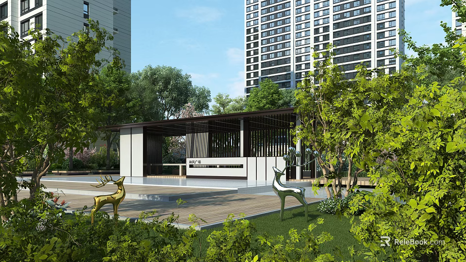 Garden Landscape Design With Green Plants Pavilion Water Feature And Deer Sculptures 3d model 