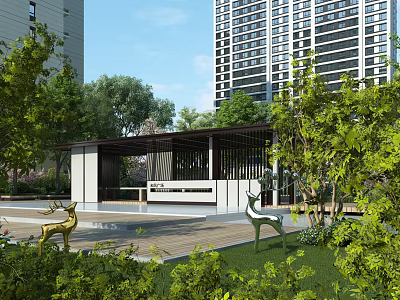 Garden Landscape Design With Green Plants Pavilion Water Feature And Deer Sculptures 3d model