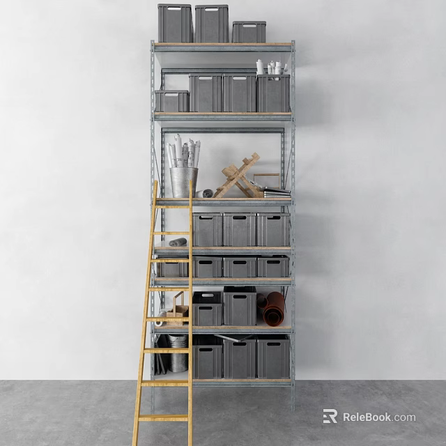Practical Metal Storage Shelving Unit With Gray Drawers Yellow Ladder Storing Tools And Items 3d model 