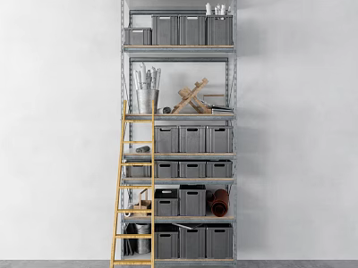 Practical Metal Storage Shelving Unit With Gray Drawers Yellow Ladder Storing Tools And Items 3d model
