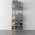 Practical Metal Storage Shelving Unit With Gray Drawers Yellow Ladder Storing Tools And Items