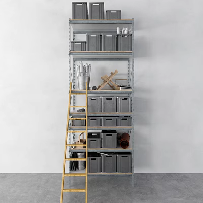 Practical Metal Storage Shelving Unit With Gray Drawers Yellow Ladder Storing Tools And Items 3d model