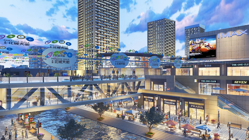 Vibrant Commercial Street With Tall Buildings Pedestrian Bridge Colorful Signs And Busy Waterfront Shops 3d model 