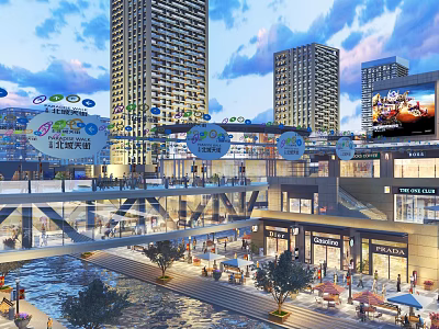 Vibrant Commercial Street With Tall Buildings Pedestrian Bridge Colorful Signs And Busy Waterfront Shops 3d model