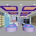 Retail Store Interior With Round Display Tables Shelves And Ceiling Greenery 3d model