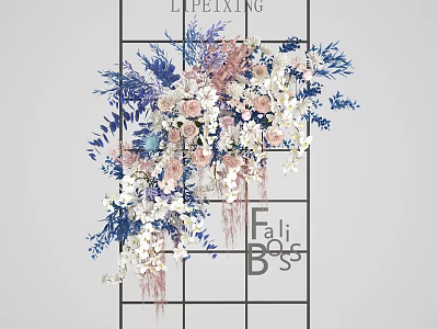 Floral Art Installation With Blue Pink White Flowers On Grid Frame Hanging Design And Greenery 3d model