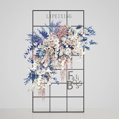 Floral Art Installation With Blue Pink White Flowers On Grid Frame Hanging Design And Greenery 3d model