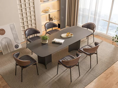Elegant Modern Dining Table Set with Black Table and Six Brown Chairs in Living Room 3d model