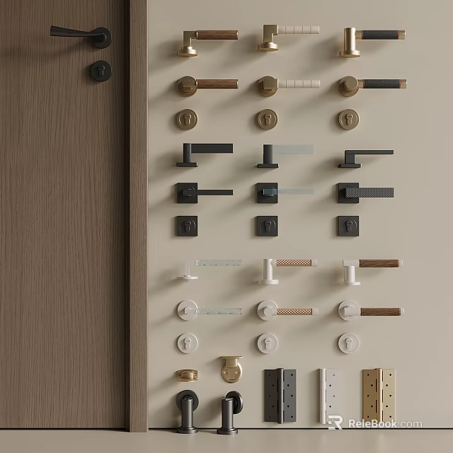 Various Styles And Colors Of Door Handles And Locks On Display Board 3d model 