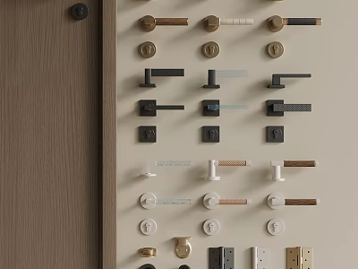 Various Styles And Colors Of Door Handles And Locks On Display Board 3d model