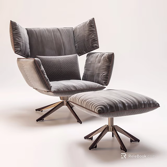 Gray Velvet Wingback Accent Chair with Matching Ottoman Metal Swivel Base for Modern Living Space 3d model 