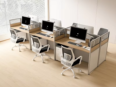 Modern Office Workstation Setup With Multiple Desks Computer Monitors And Ergonomic Chairs 3d model