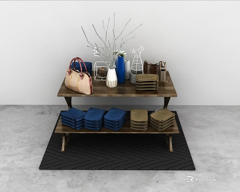 Wooden Wardrobe With Shelves Holding Bags Vase Decorations And Folded Clothes 3d model 