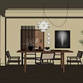 Elegant Modern Dining Room Interior With Wooden Dining Table Pendant Light And Artwork