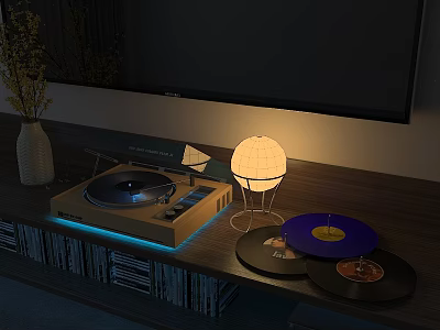 Modern HiFi Vinyl Record Player On Wooden Shelf With Blue Light And Vinyl Records 3d model