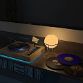 Modern HiFi Vinyl Record Player On Wooden Shelf With Blue Light And Vinyl Records