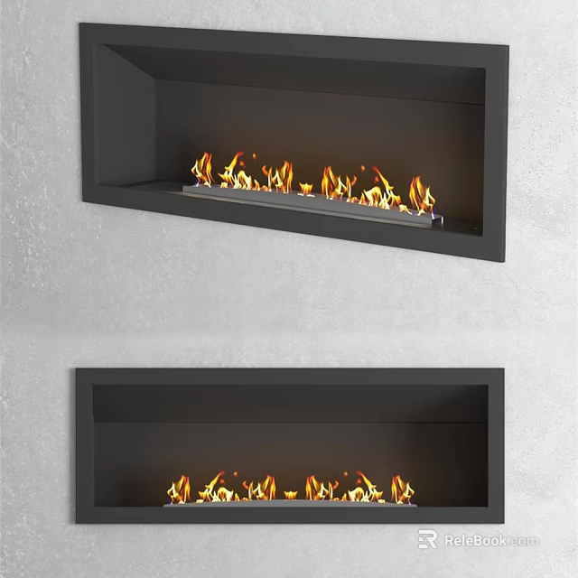 Modern Black Wall Mounted Fireplace With Burning Flames In Gray Wall 3d model