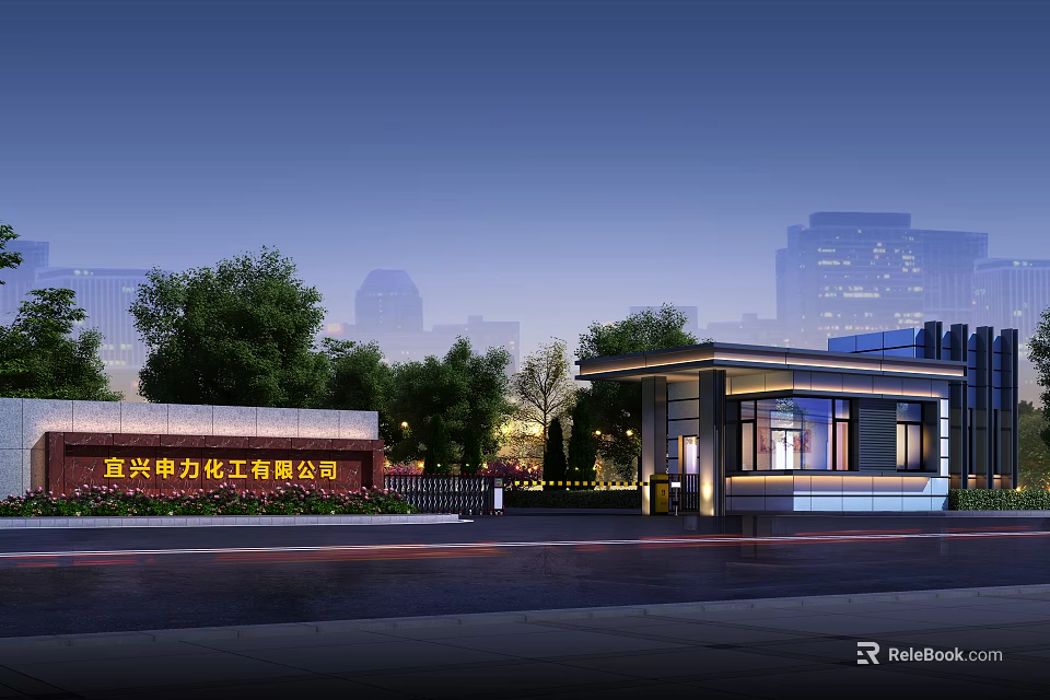 Gaoping City Electric Power Engineering Company Entrance Gate With Night City Background And Guardhouse Lighting 3d model 