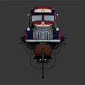Vintage Bus Floating with Decorative Red and Green Body and Illuminated Lights on Support Structure
