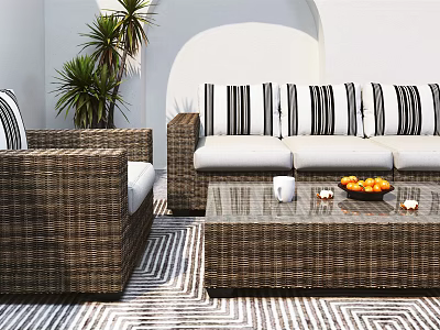 Outdoor Wicker Sofa with Black White Striped Cushions and Coffee Table on Striped Rug 3d model
