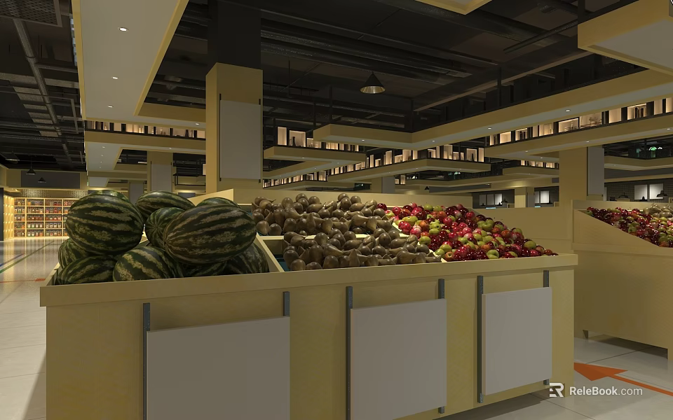 Supermarket Fresh Produce Section With Watermelons Potatoes And Mixed Fruits 3d model 