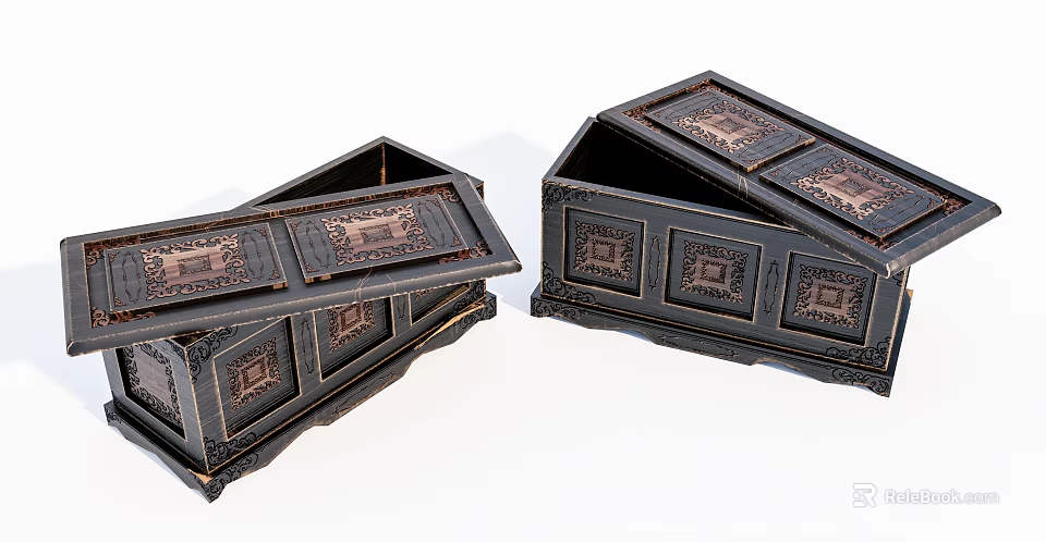 Vintage Wooden Decorative Boxes With Carved Patterns And Open Lids 3d model 
