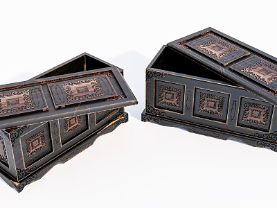 Vintage Wooden Decorative Boxes With Carved Patterns And Open Lids 3d model