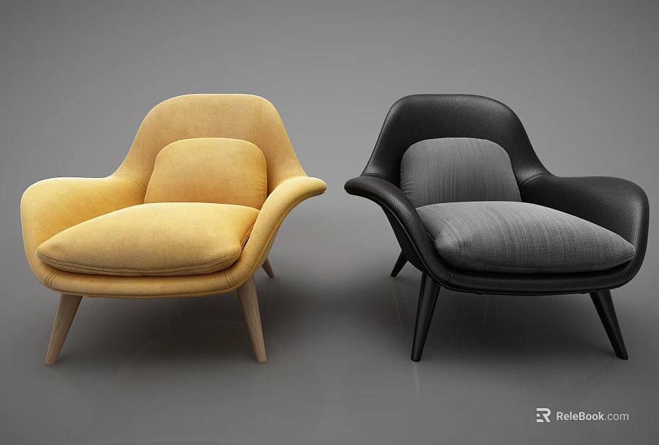 Modern Single Sofa in Yellow and Black with Comfortable Cushion and Slim Legs 3d model