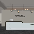 Modern Reception Desk with Curved Design Wooden Frame and Pendant Lighting in Office Interior