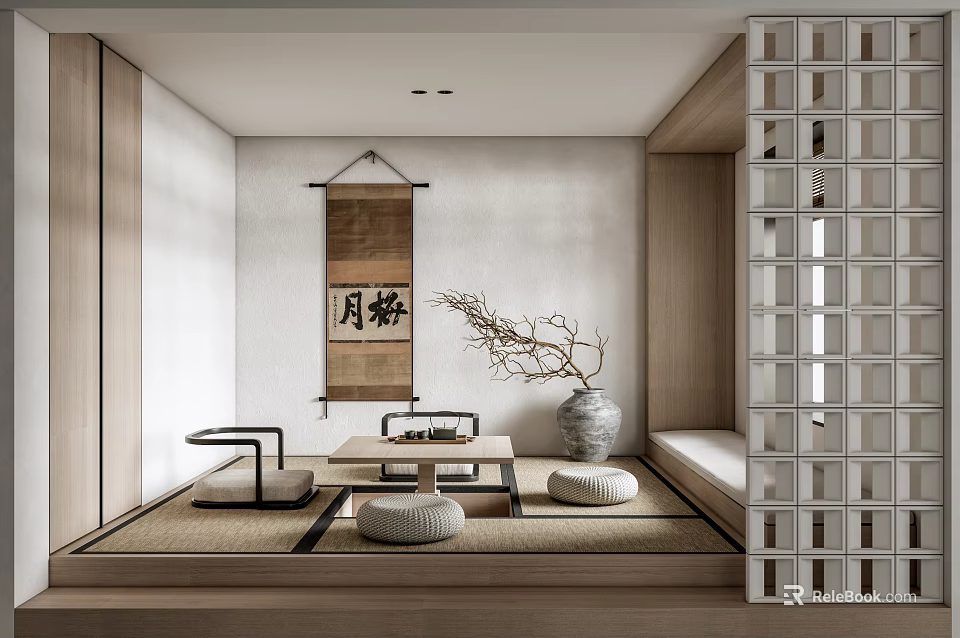 Japanese Style Tea Room with Tatami Floor Low Wooden Table Scroll Painting and Lattice Screen 3d model 