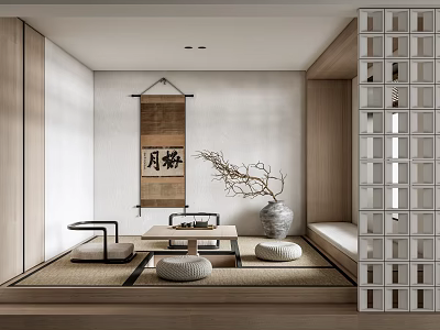 Japanese Style Tea Room with Tatami Floor Low Wooden Table Scroll Painting and Lattice Screen 3d model