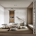 Japanese Style Tea Room with Tatami Floor Low Wooden Table Scroll Painting and Lattice Screen
