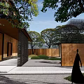 Serene Garden Landscape With Brick Walls Water Pool Latticed Roof And Pathway