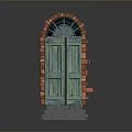 Architectural Red Brick Arched Frame With Green Wooden Door And Steps