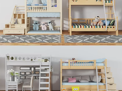 Wooden Children's Bunk Bed With Ladder Storage Drawers And Stuffed Toys On Rug 3d model