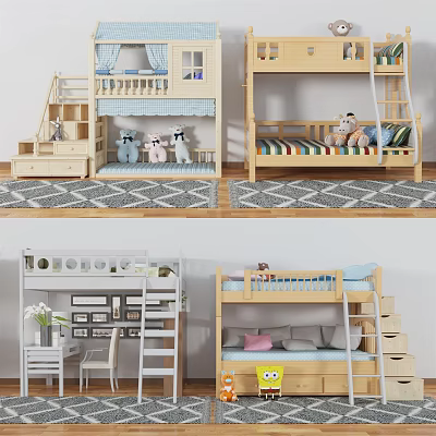 Wooden Children's Bunk Bed With Ladder Storage Drawers And Stuffed Toys On Rug 3d model