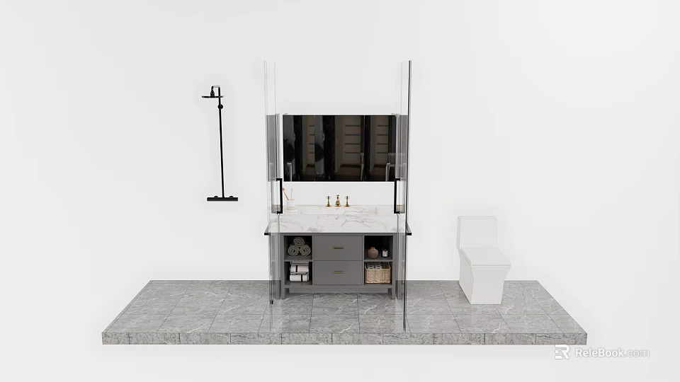Modern Bathroom Set With Vanity Mirror Marble Countertop Storage Shelves And Toilet 3d model 