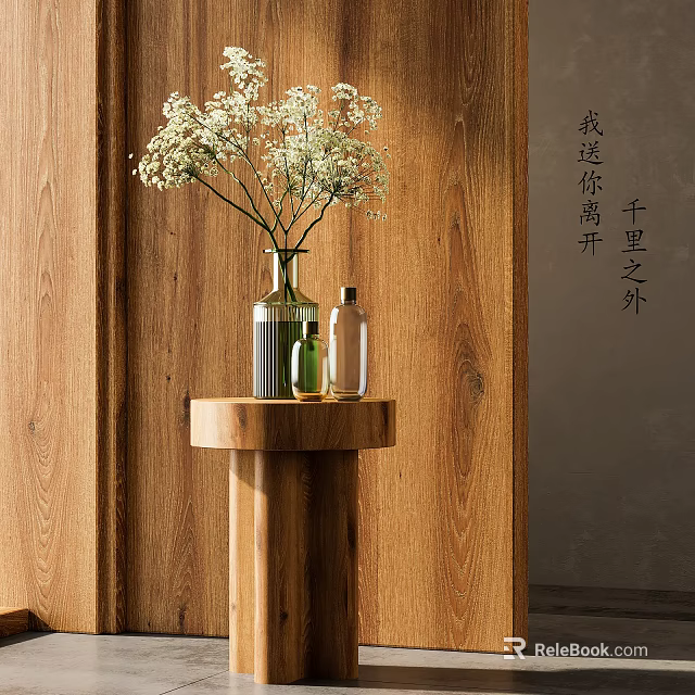 White Small Flowers in Glass Vase on Wooden Table with Decorative Bottles and Wooden Wall Background 3d model 