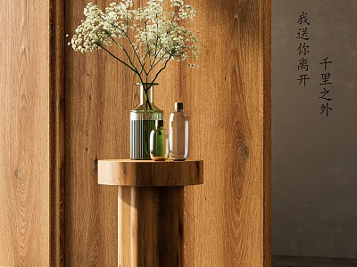 White Small Flowers in Glass Vase on Wooden Table with Decorative Bottles and Wooden Wall Background 3d model