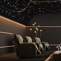 Home Theater Interior With Starry Ceiling Dark Walls Recliner Chairs And Large Projection Screen
